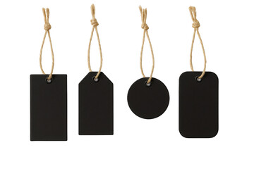 Four Blank Black Paper Tags with Rope Hangers Displayed in a Row Against a Dark Background