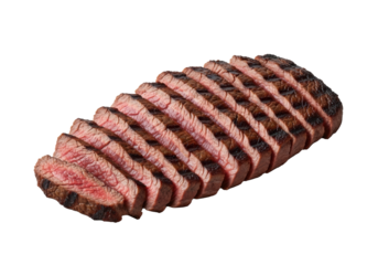 Perfectly grilled, thinly sliced skirt steak, carne asada, with caramelized char and juicy pink interior on transparent background, commercial food advertising concept