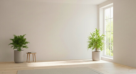 Bright, airy room with natural light, plants, and minimalist decor creates a serene, modern living space.