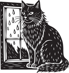 A playful cartoon cat and mouse illustration with a black kitten sitting on a window sill