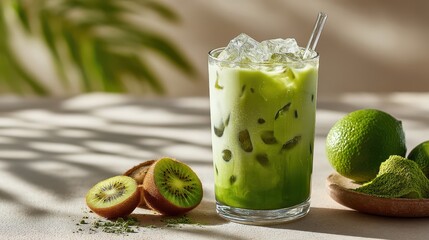 A refreshing green drink with ice, featuring kiwi slices and lime beside it, set against a softly lit background with tropical elements.