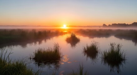 Obraz premium Serene sunrise over a tranquil lake with misty atmosphere in early morning light