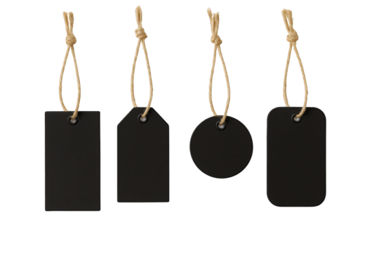 Four Blank Black Paper Tags with Rope Hangers Displayed in a Row Against a Dark Background