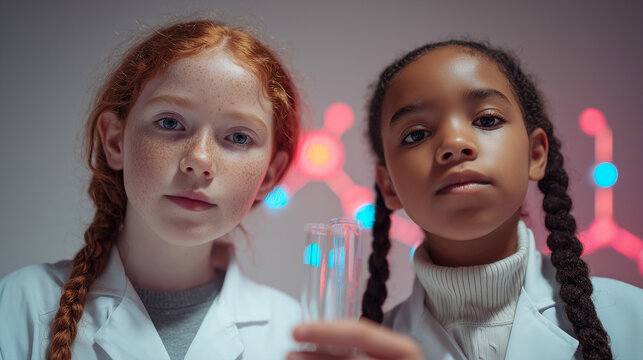 Two diverse young female scientists examining test tubes in laboratory. Girls wearing white lab coats conducting chemistry experiments for STEM education and scientific research.