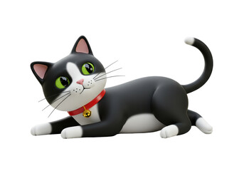 Isolated Cute Black and White Tuxedo Cat Lying Down with Bell Collar