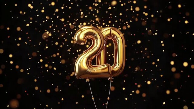 20th celebration gold number balloons 20 with scattered gold confetti on black background, birthday and anniversary
