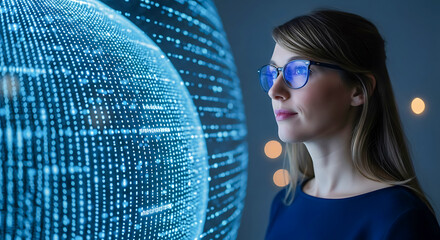 Woman wearing glasses looking at a glowing blue digital sphere representing data and technology