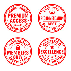 Set of Premium Access, Recommendation, Member Only Restricted, and Certified Badges in Solid Silhouette Style, Perfect for Highlighting Exclusive Features and Verified Access, 
