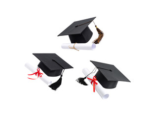 Graduation cap with isolated square brim and diploma and tassel on white background