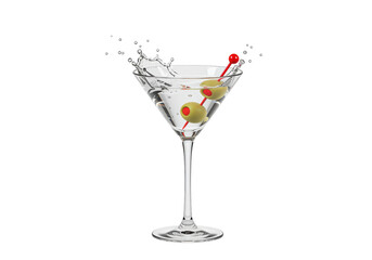 Isolated Classic Martini Glass with Olives and Splashing Liquid