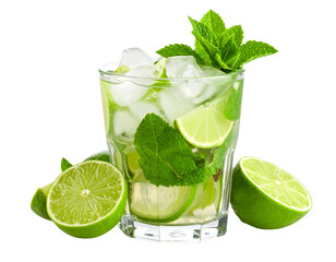 Cool and refreshing with fresh mint, lemon and ice, placed in a glass, isolated on a white background