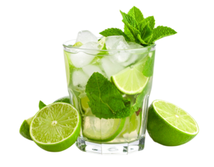 Cool and refreshing with fresh mint, lemon and ice, placed in a glass, isolated on a white background