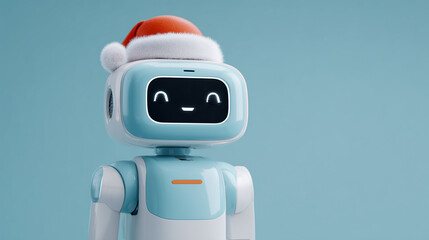 Adorable blue robot wearing Santa hat with happy expression celebrates Christmas holidays. Technology and artificial intelligence festive greeting concept for tech companies.