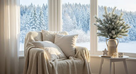 Fototapeta premium Cozy winter setting with a chair, blanket, and fir tree by a large window overlooking snowy forest