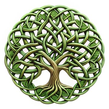Intricate celtic tree of life knotwork design with green leaves and brown branches