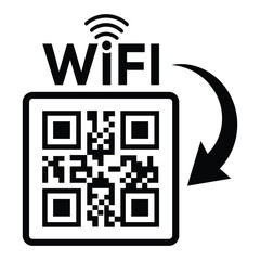 Minimalist black and white image featuring a QR code on the left and a WIFI symbol with circular arrow and text on the right. Clean, high-contrast design on plain white background.