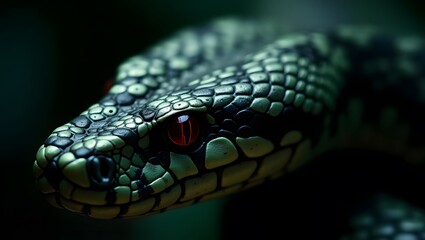 Close-Up of a Green Snake with Scales and Tongue Out in Dark Lighting