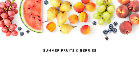 Summer fruits frame border photography flat lay isolated on white background