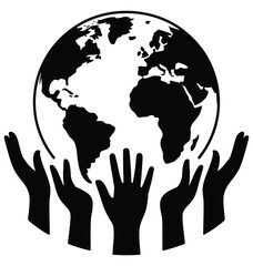 Black hands holding planet earth silhouette white globe