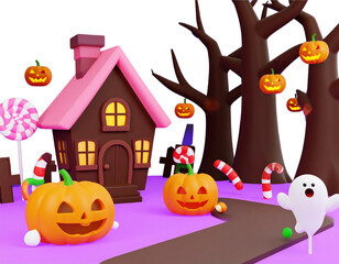 Spooky Halloween border with pumpkins, bats and illustrations, isolated on white background