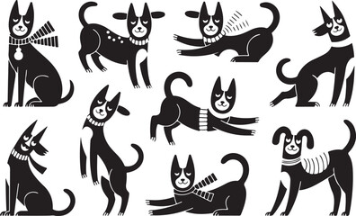 A black cat silhouette icon set, with various feline illustrations and domestic animal vectors