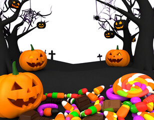 Spooky Halloween border with pumpkins, bats and illustrations, isolated on white background
