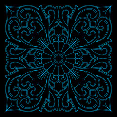 A detailed ornamental flower pattern features swirling leaves and scrollwork.