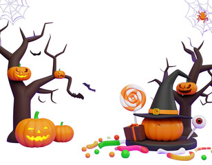 Spooky Halloween border with pumpkins, bats and illustrations, isolated on white background