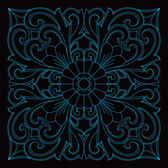 A detailed ornamental flower pattern features swirling leaves and scrollwork.