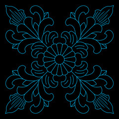 Classic black and white symmetrical floral design with swirling leaf motifs.