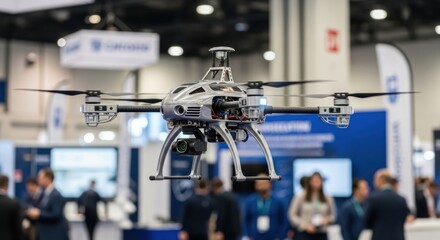 Advanced drone technology showcased at a convention with aerial precision and imaging systems at