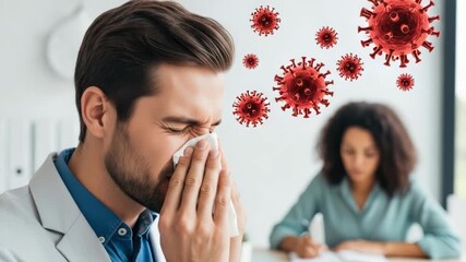 A man sneezes into a tissue while a woman works in the background, with animated virus particles floating in the air, symbolizing illness and contagion - Powered by Adobe