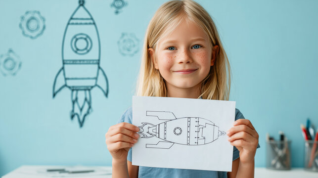 Young blonde girl holds rocket drawing with proud smile. Science education and aerospace engineering concept for back to school season with space exploration theme. - Powered by Adobe