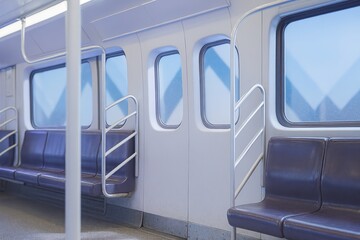 Obraz premium Empty modern subway train interior with blue tinted windows and brown seats 
