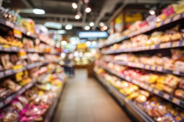 Fototapeta premium Blurred supermarket aisle with various food displays