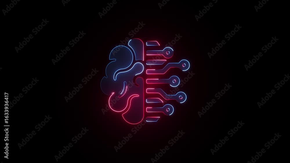Poster glowing neon artificial intelligence brain icon circuit board symbol on a black background animation
