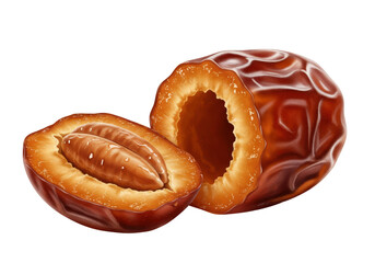 Isolated Sweet Dates, Whole and Halved with Pit Visible