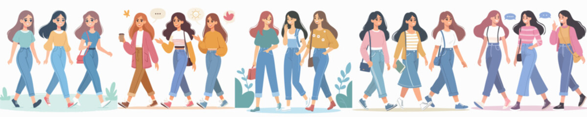 Obraz premium Handdrawn Flat Illustration of Beautiful Woman Character Walking in Casual Outfit