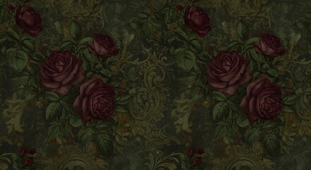 Wallpaper Design: Moody botanical wallpaper design with deep green foliage, dark roses, baroque patterns, vintage texture overlay