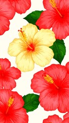 Tropical flower pattern with vibrant red and yellow hibiscuses and green leaves