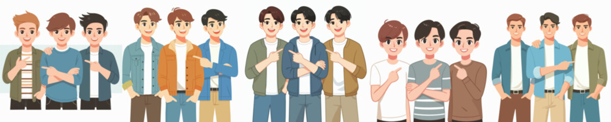 Cartoon Style Young Man Group Character Collection Design Illustration