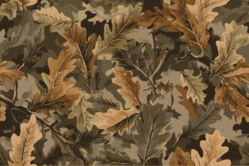 Mossy oak and brown camouflage with leaves vector seamless pattern. Realistic vector design, showcasing details of autumn colors in the foliage.Vector Illustration, good for military and hunting. © Adil Rasheed