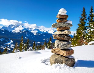 Stacked stones in winter landscape