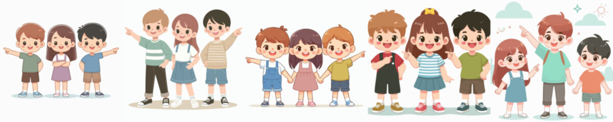 Cheerful Cartoon Group of Children Standing Together Diverse Group Illustration