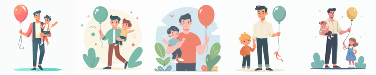 Cartoon Father with Child and Balloon Character Family Illustration Set