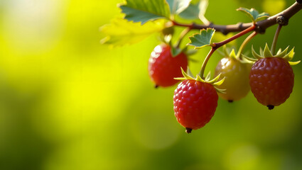 Gooseberries on Branch with Small Leaves in Bright Outdoor Lighting