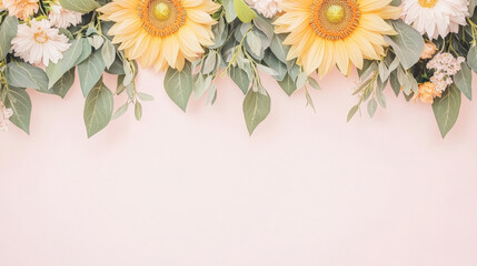 Yellow sunflowers and white daisies with green leaves form beautiful floral arrangement on plain pastel pink background, creating soft and cheerful design
