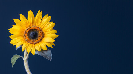 Vibrant yellow sunflower with dark center stands out against plain dark blue background, creating striking contrast and serene visual appeal