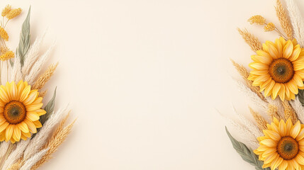 Yellow sunflowers and dried grasses beautifully arranged on plain beige background create warm and natural composition, perfect for seasonal or floral themed designs