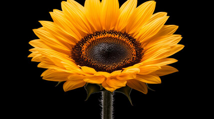 Vibrant yellow sunflower with intricate details of its petals and seeds is displayed against plain black background, creating striking contrast and emphasizing its natural beauty